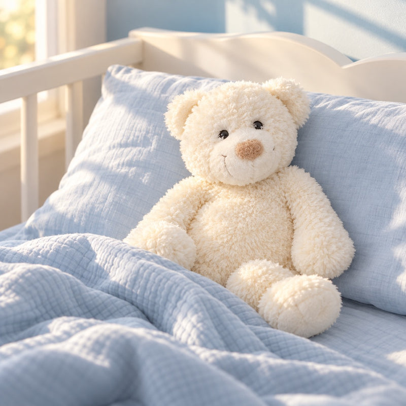 Un doudou ourson sur un petit oreiller à l’heure de la sieste
