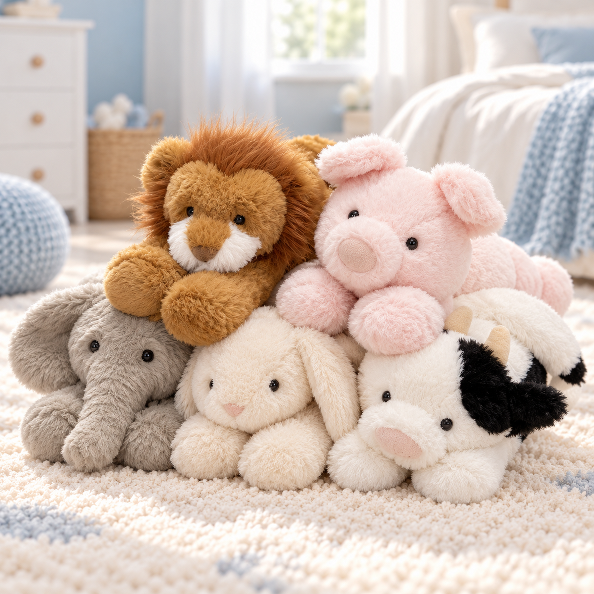 Cinq peluches allongées réunies sur un tapis