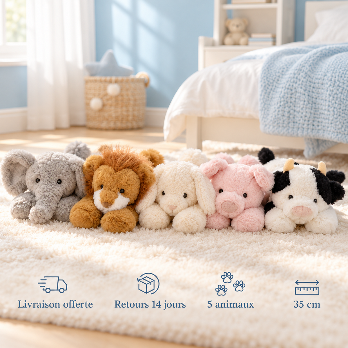 Peluches allongées : livraison offerte, retours 14 jours, 5 animaux, 35 cm
