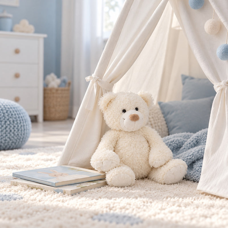 Un ourson en peluche à l’entrée d’une petite tente de jeu, avec des livres