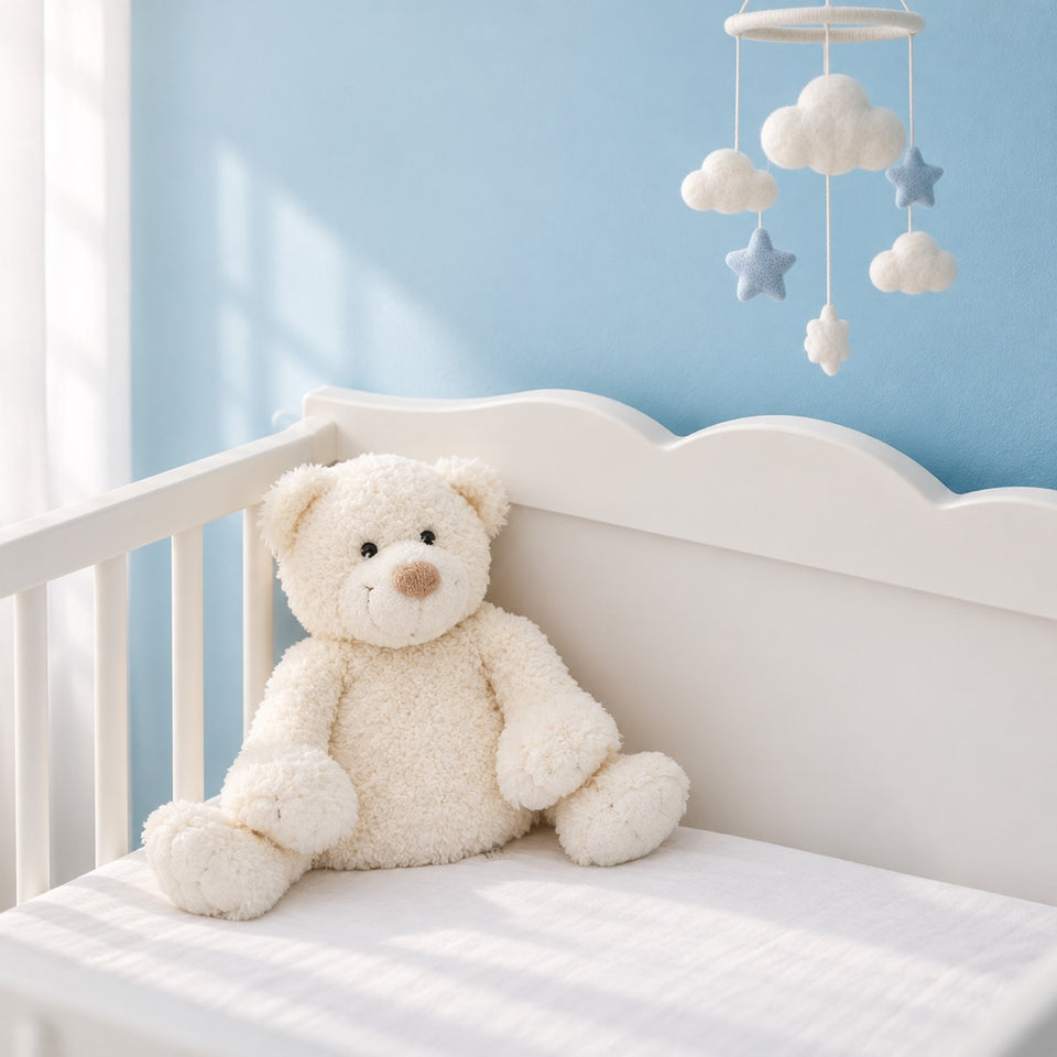 Un doudou ourson crème posé dans un berceau blanc, devant un mur bleu ciel