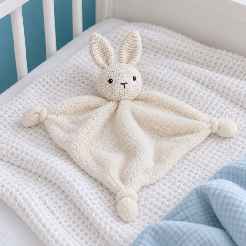 Un doudou plat lapin posé sur une couverture tricotée blanche