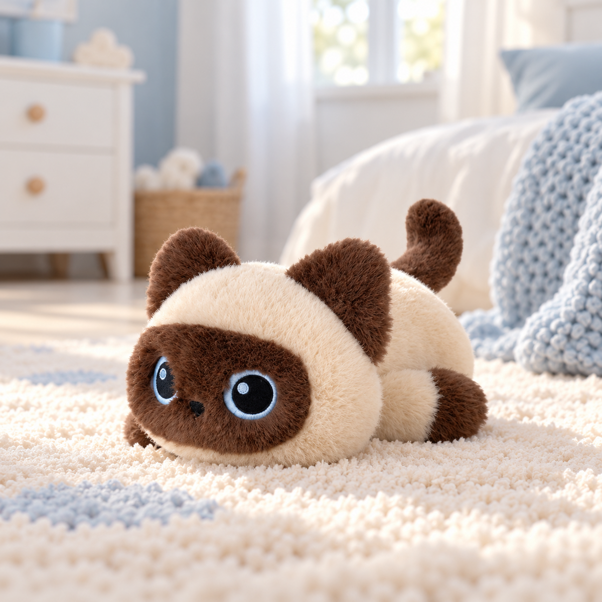 Peluche chat siamois couché sur un tapis crème