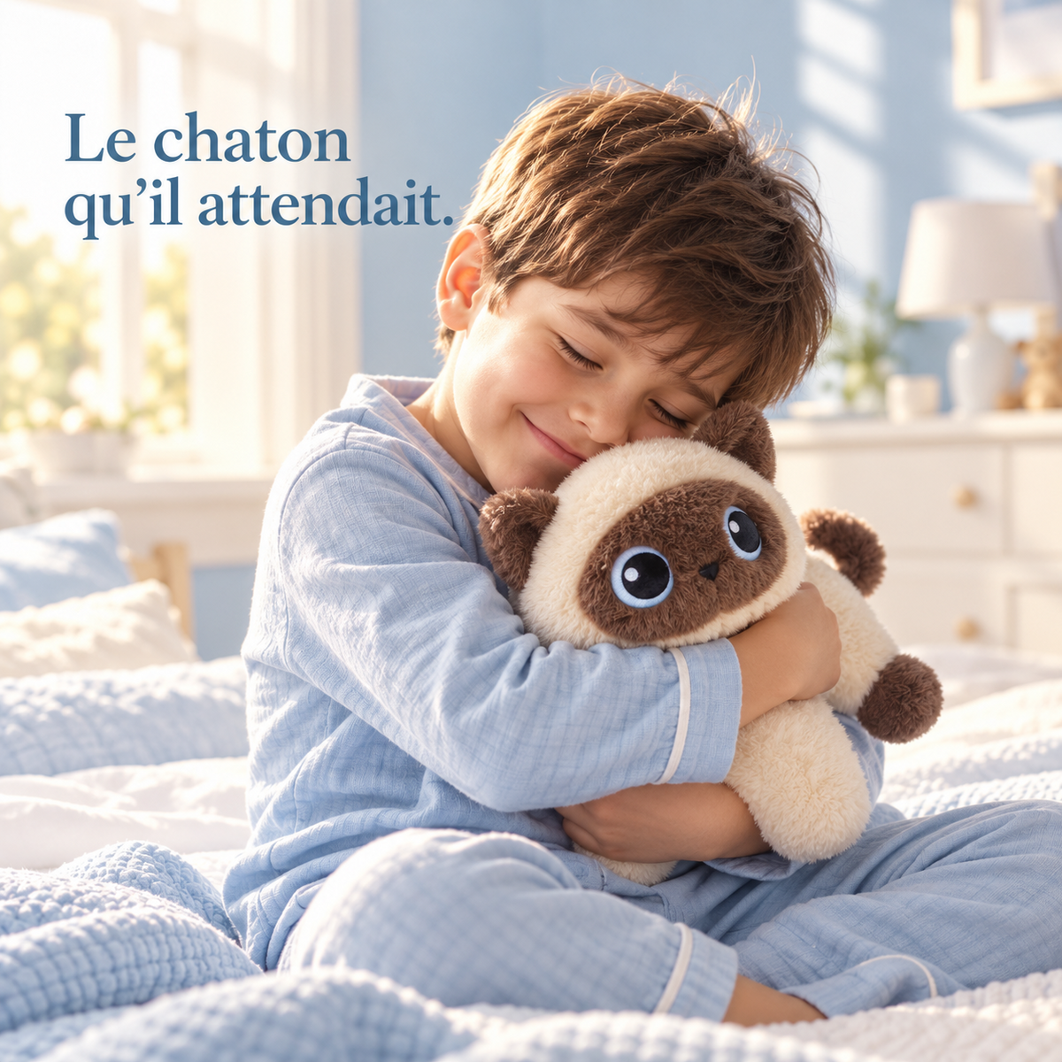 Un petit garçon serre la peluche chat siamois contre sa joue