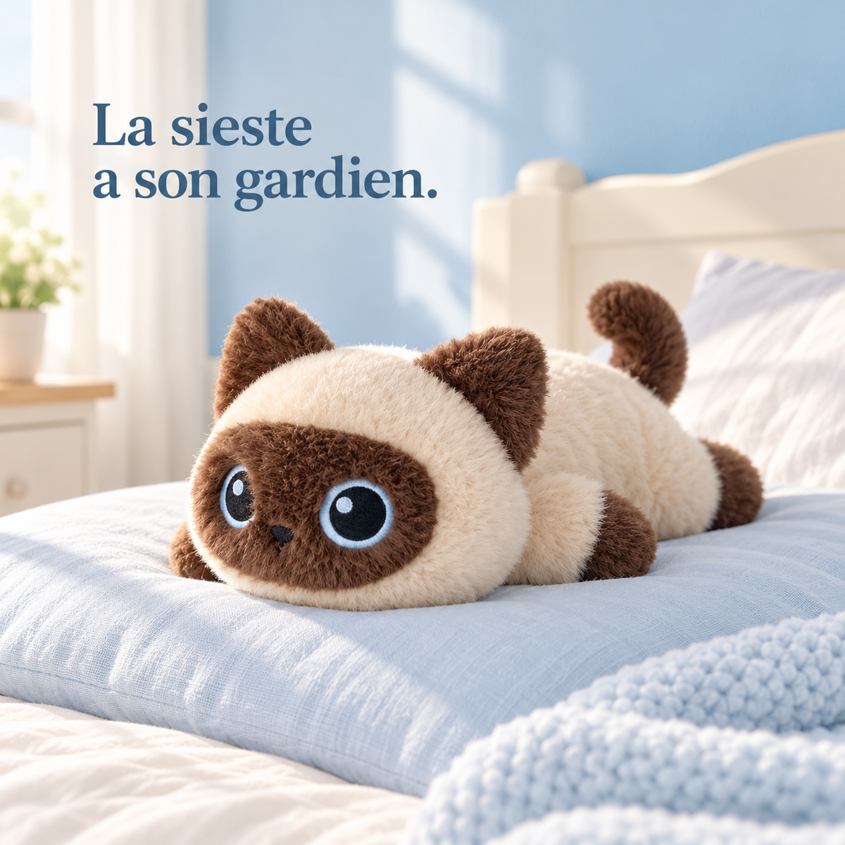 Peluche chat siamois couché sur un oreiller bleu