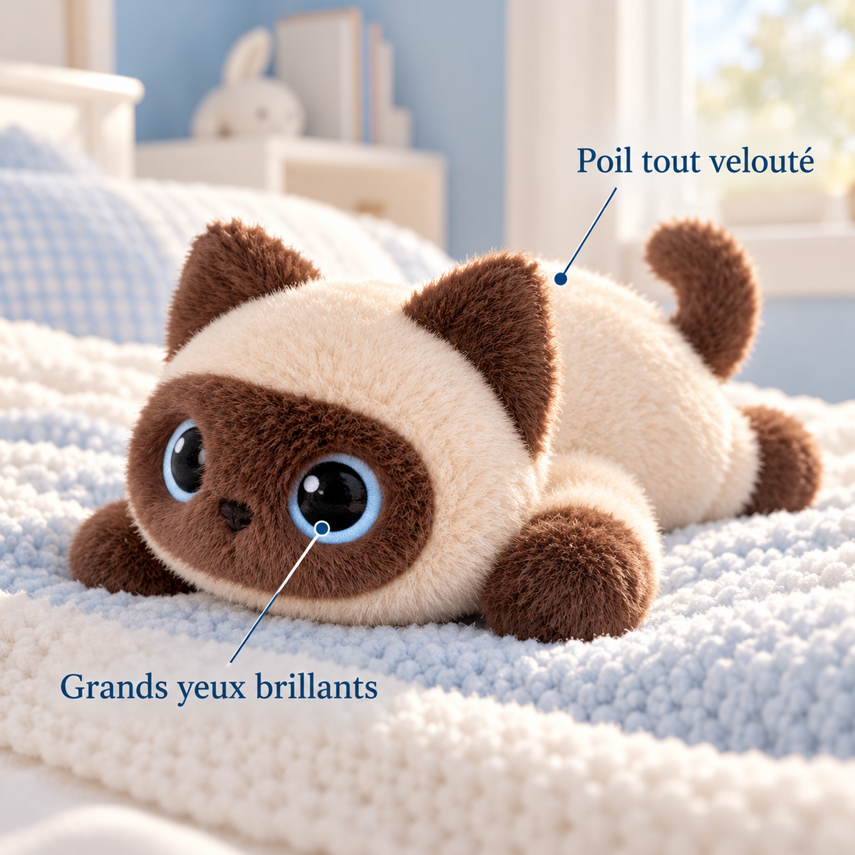 Gros plan sur les grands yeux bleus de la peluche chat