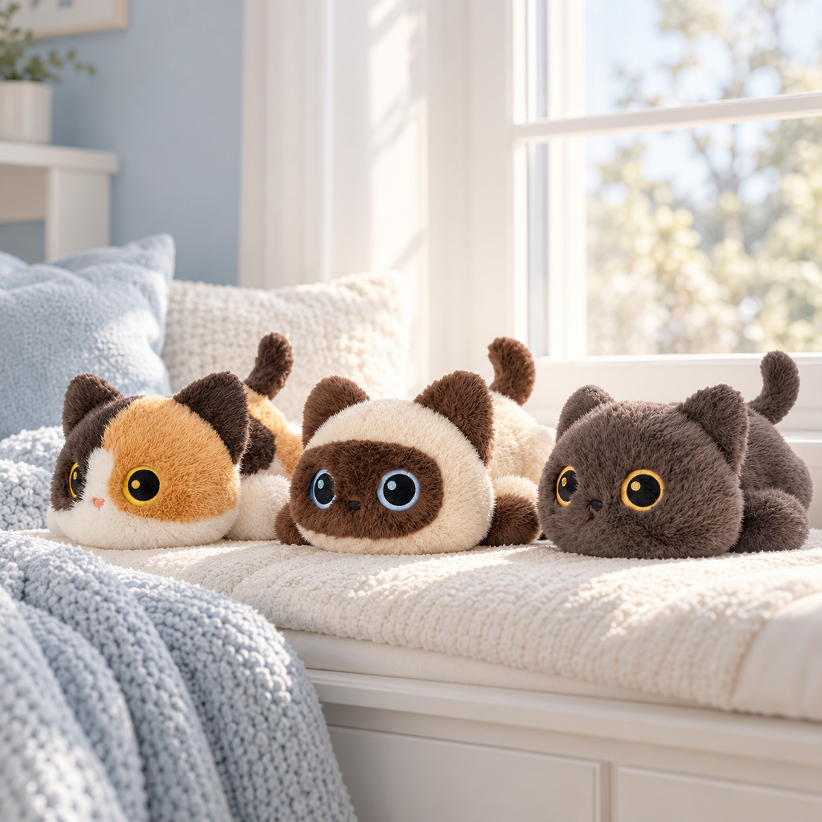 Trois peluches chat couché côte à côte sur une banquette de fenêtre