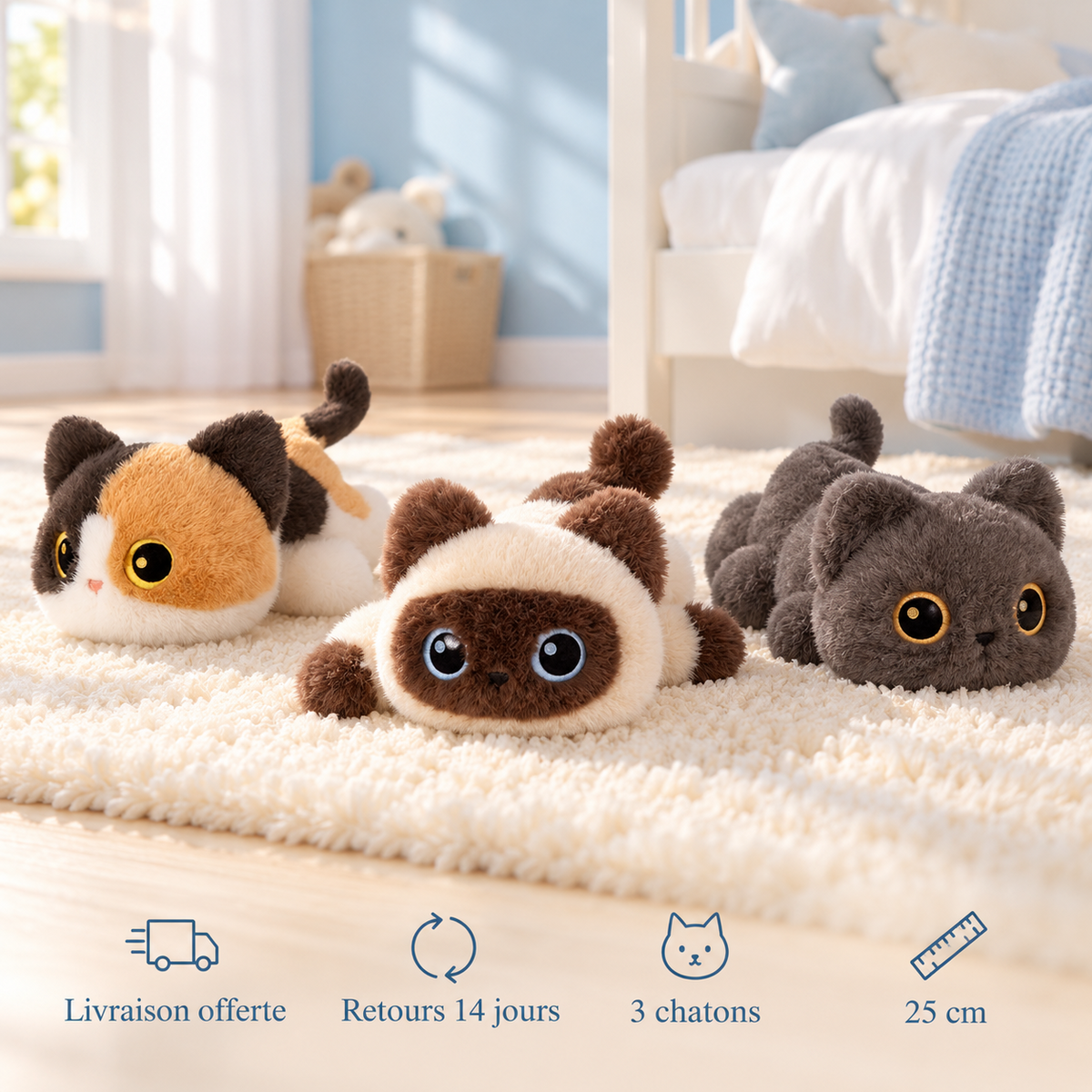 Peluches chat couché : livraison offerte, retours 14 jours, 3 chatons, 25 cm