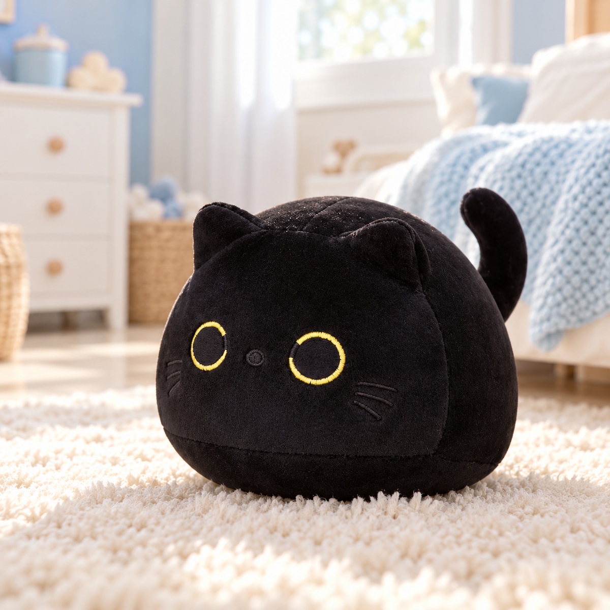 Peluche chat noir tout rond assise sur un tapis