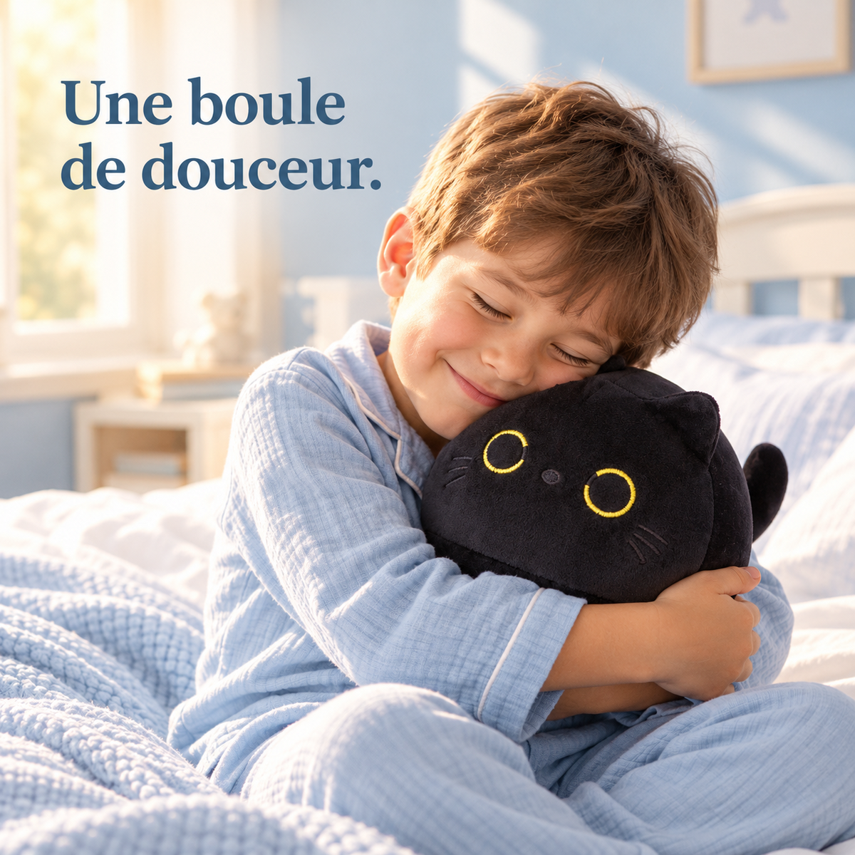 Un petit garçon serre la peluche chat noir tout rond