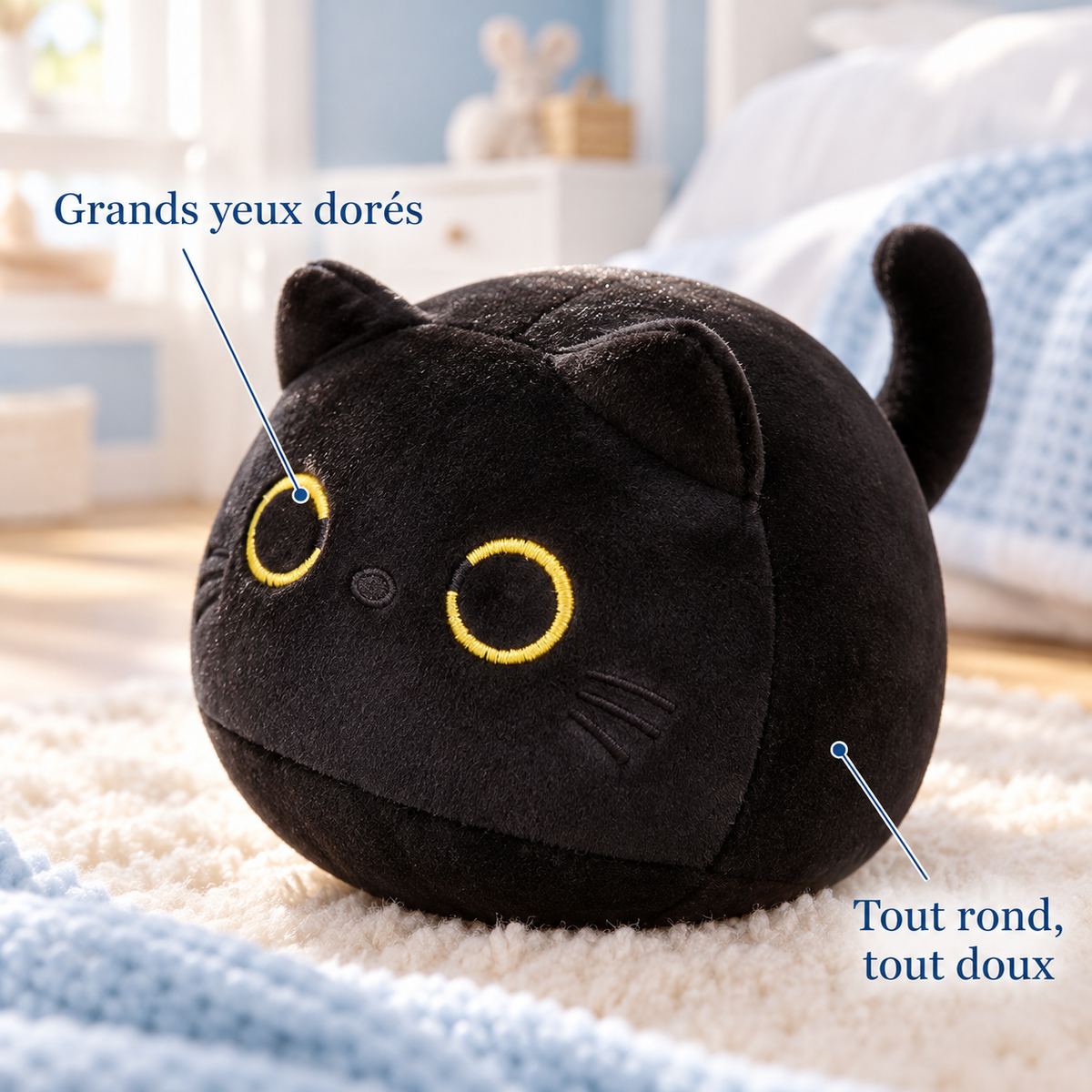 Gros plan sur les grands yeux dorés de la peluche chat noir
