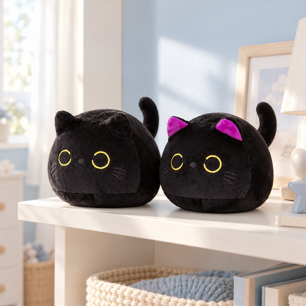 Peluches chat noir, oreilles noires et oreilles violettes