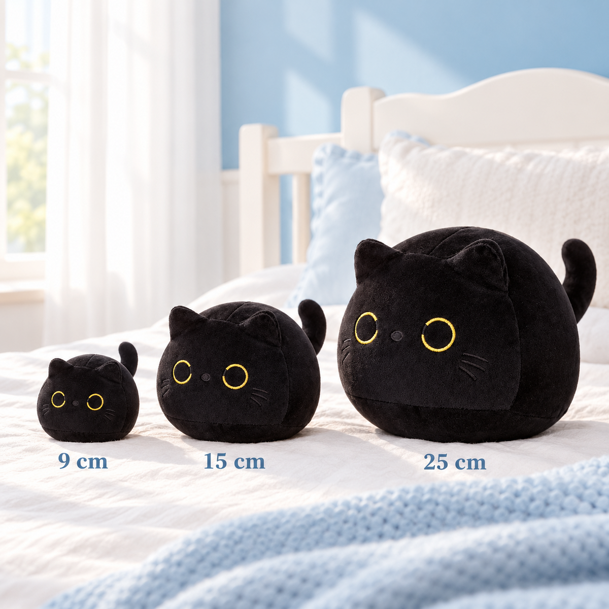 Peluche chat noir tout rond en 9, 15 et 25 cm