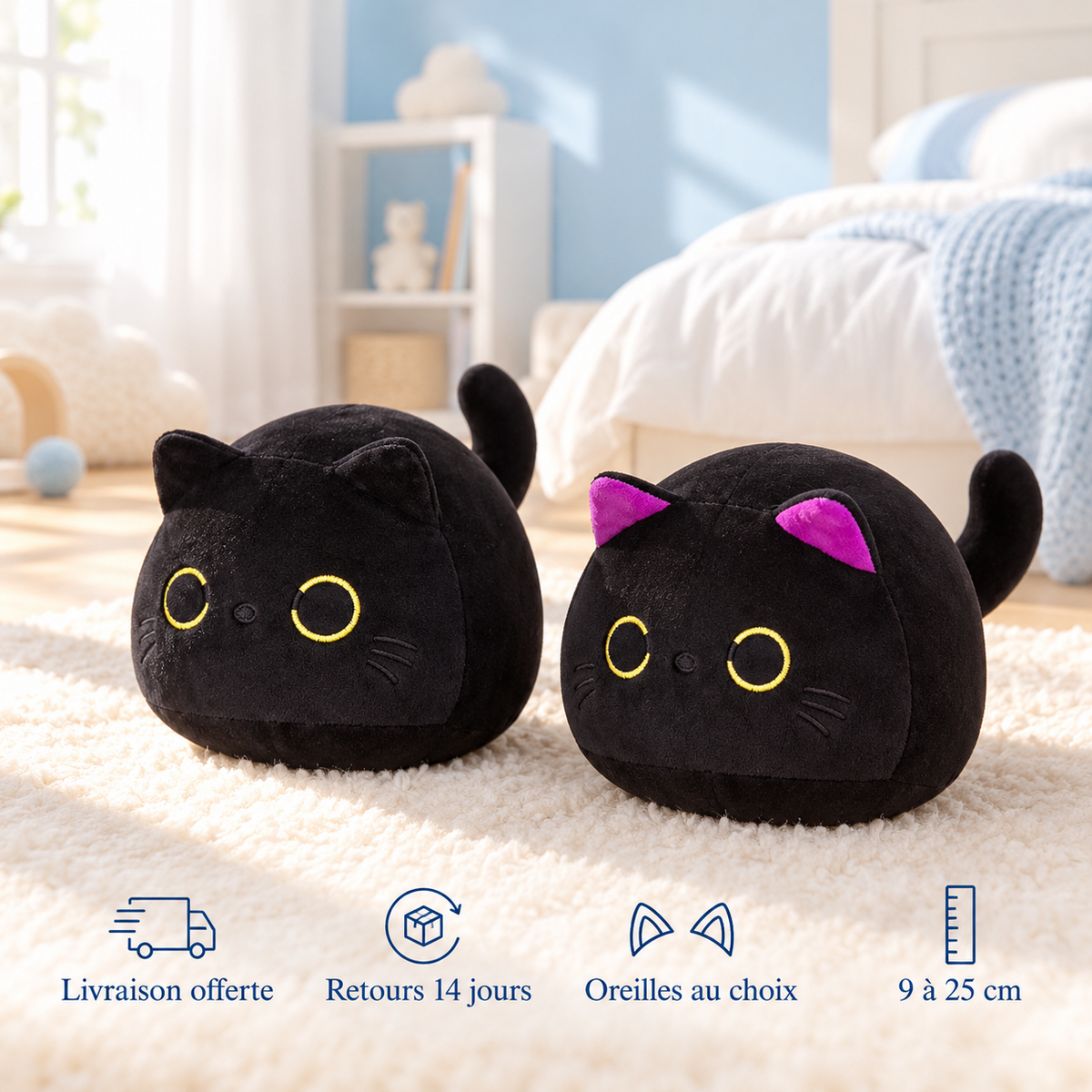 Peluche chat noir : livraison offerte, retours 14 jours, oreilles au choix, 9 à 25 cm