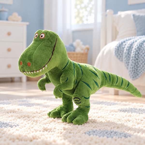 Peluche dinosaure T-rex vert sur un tapis