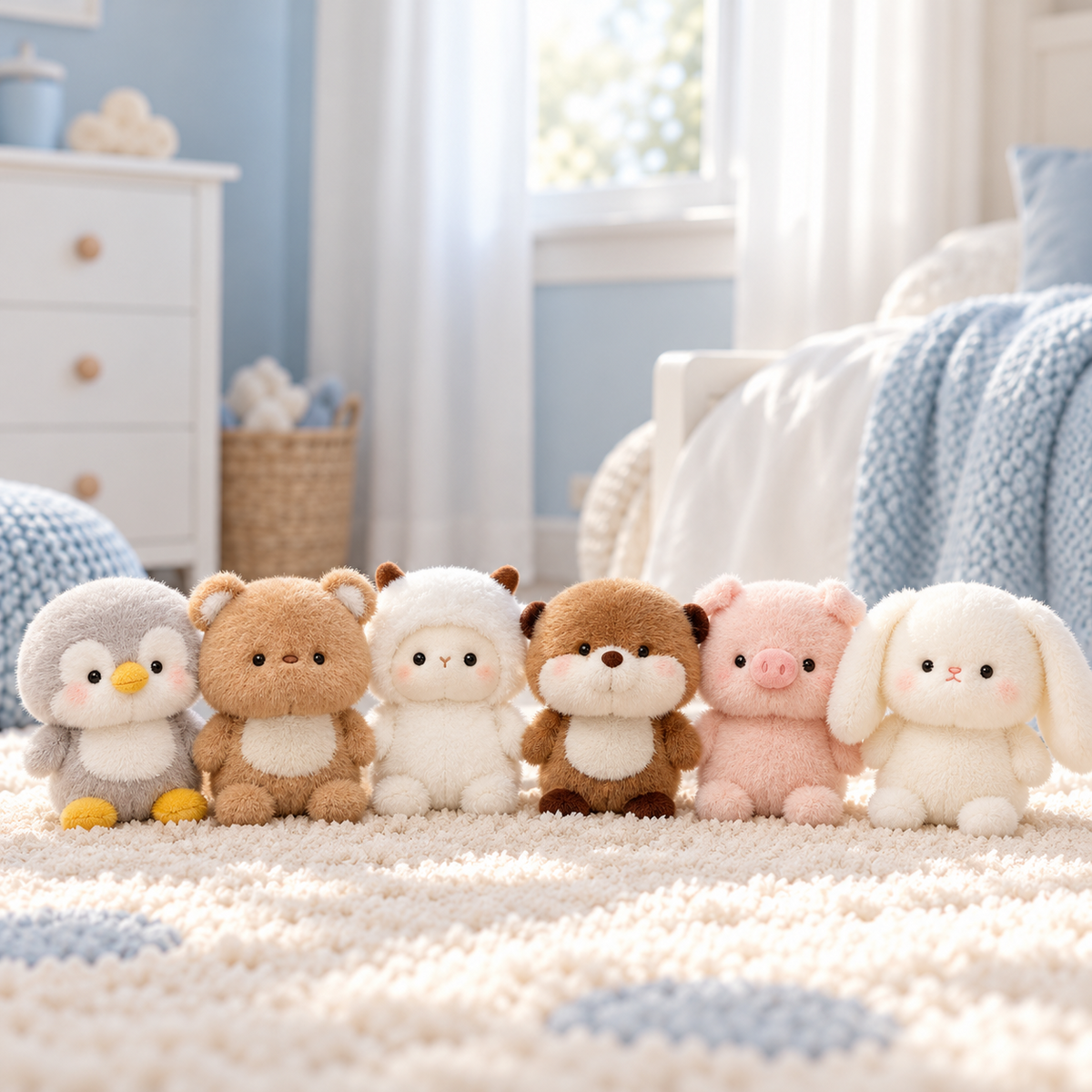 Petites peluches kawaii ours, lapin, pingouin, mouton assises sur un tapis