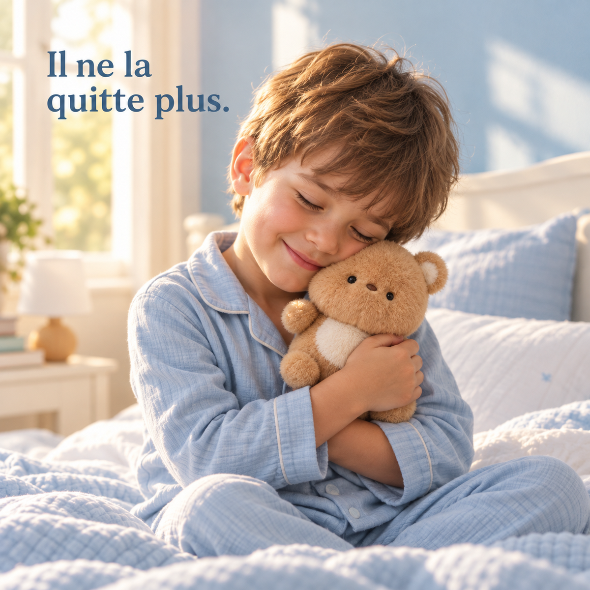Un petit garçon tient contre sa joue la petite peluche ours kawaii de 16 cm