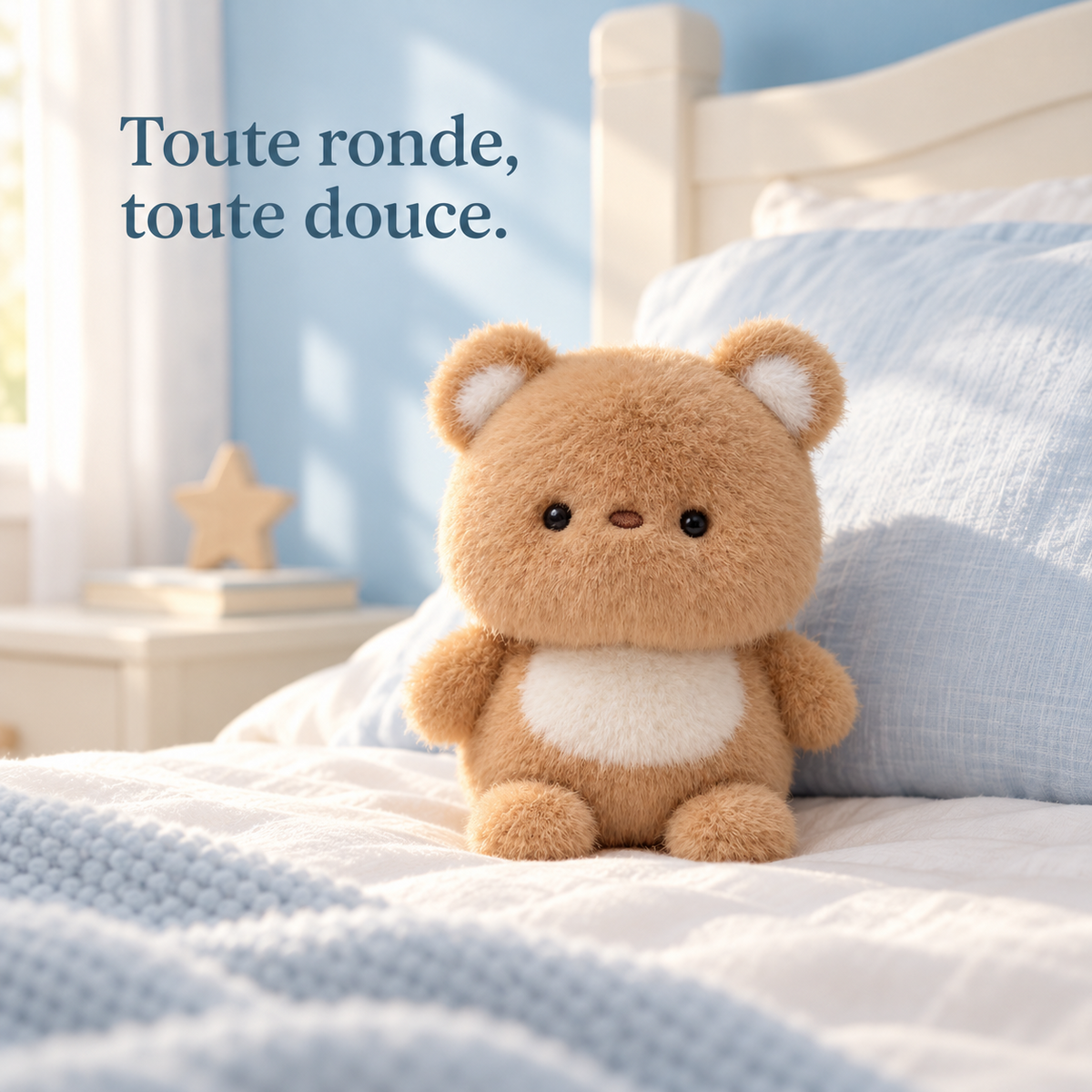 Petite peluche ours kawaii sur un lit d'enfant