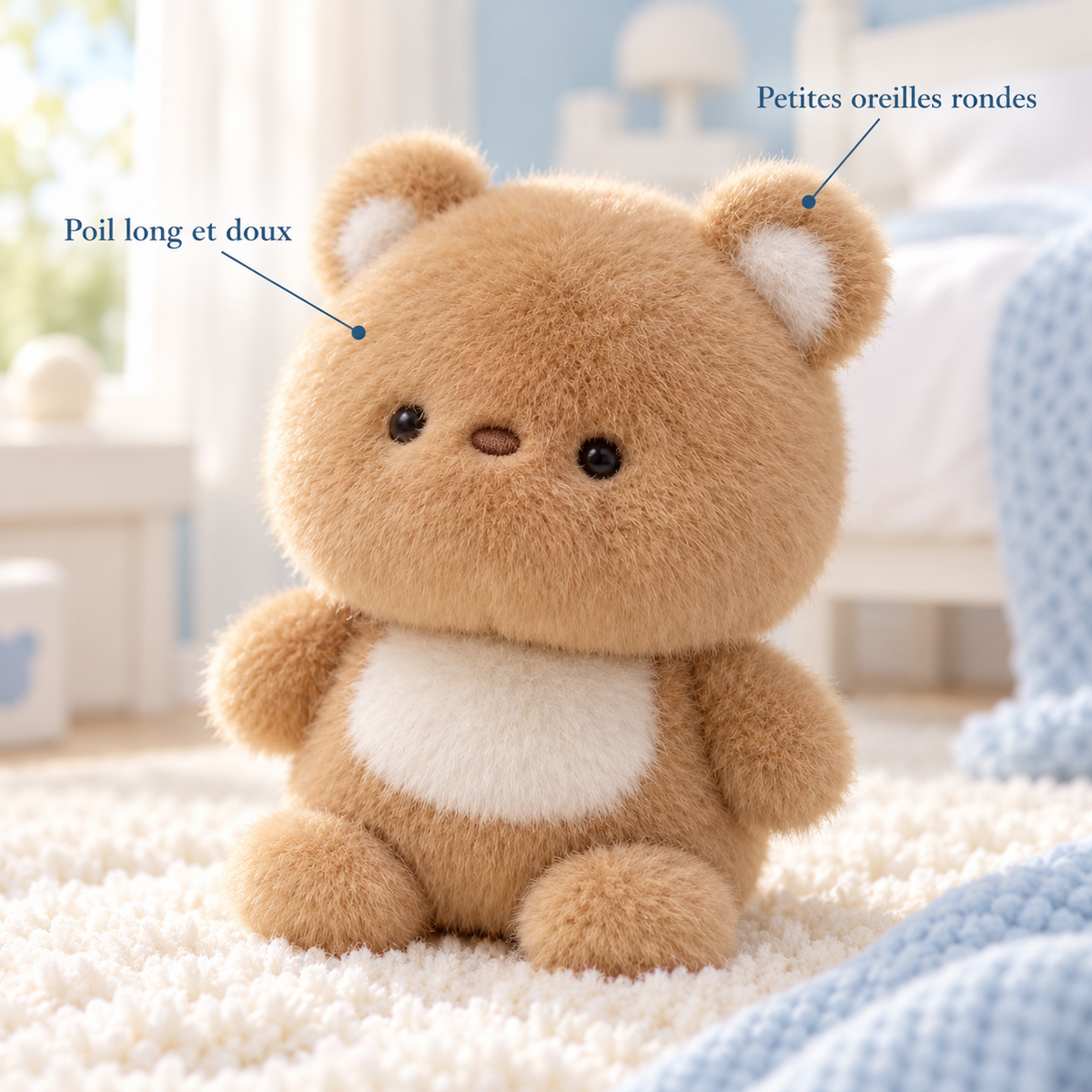 Gros plan sur le poil long et les petites oreilles rondes de la peluche kawaii