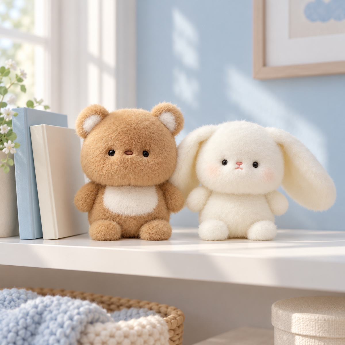 Petites peluches lapin et ours kawaii sur une étagère