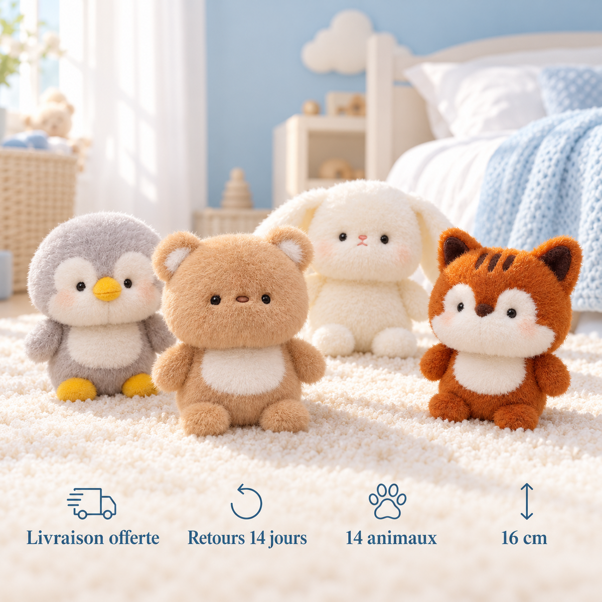 Peluches kawaii : livraison offerte, retours 14 jours, 14 animaux, 16 cm