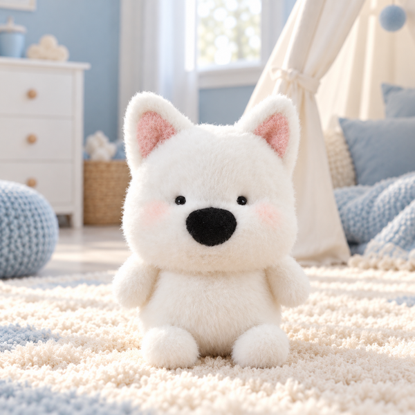 Peluche chien kawaii 16 cm dans une chambre d'enfant