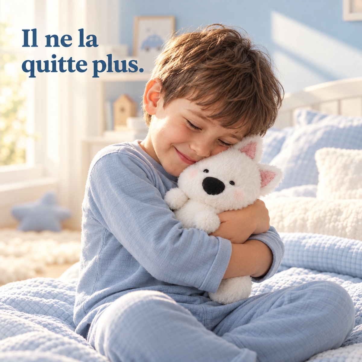 Un petit garçon serre contre lui la peluche chien kawaii 16 cm