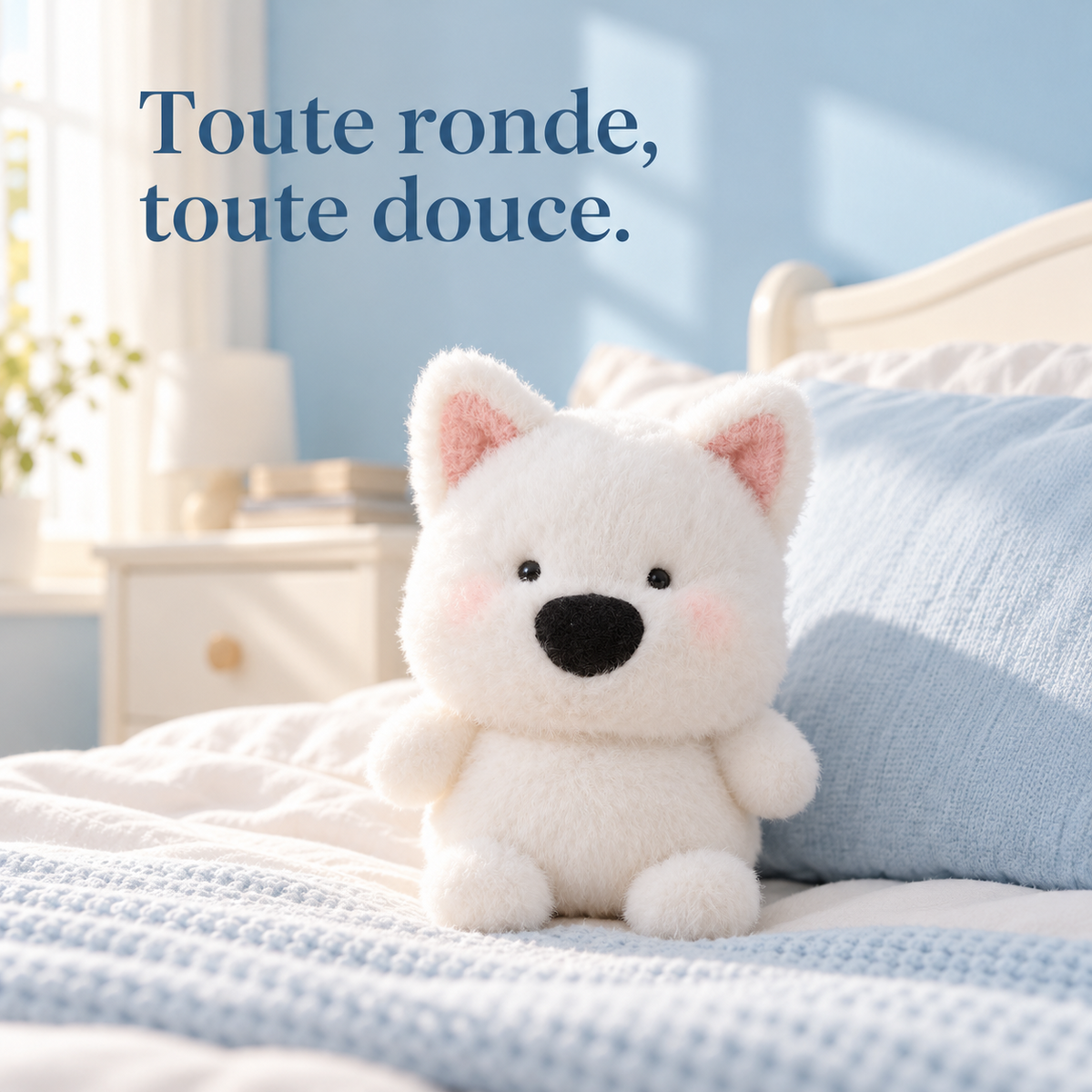 Peluche chien kawaii 16 cm sur un lit d'enfant