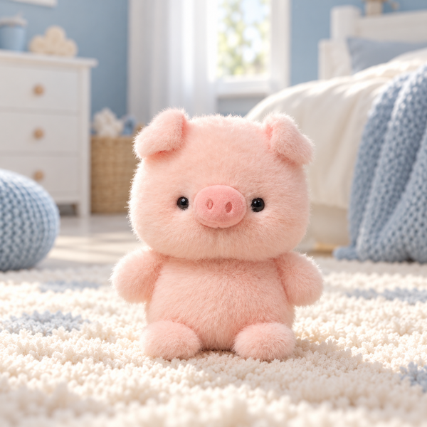 Peluche cochon kawaii 16 cm dans une chambre d'enfant