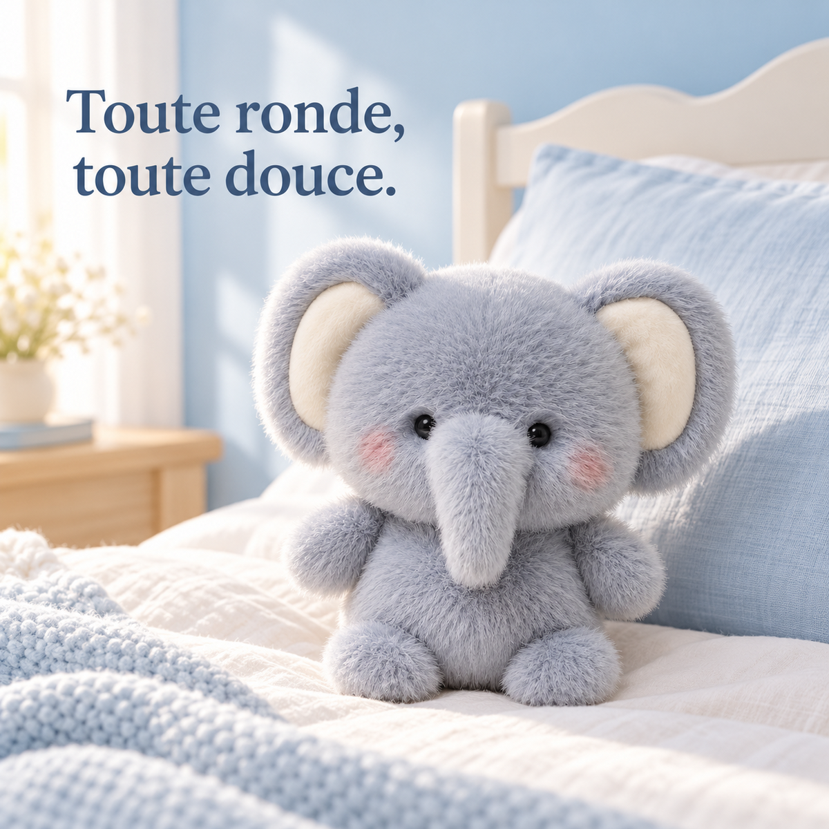 Peluche éléphant kawaii 16 cm sur un lit d'enfant