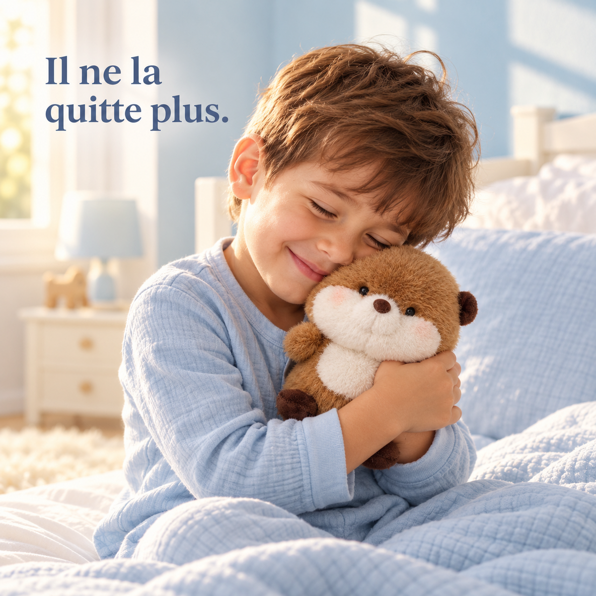 Un petit garçon serre contre lui la peluche loutre kawaii 16 cm