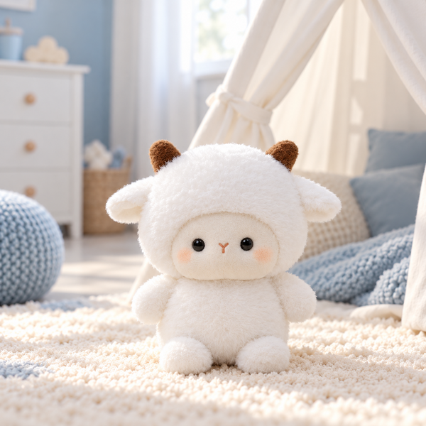 Peluche mouton kawaii 16 cm dans une chambre d'enfant