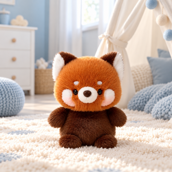 Peluche panda roux kawaii 16 cm dans une chambre d'enfant