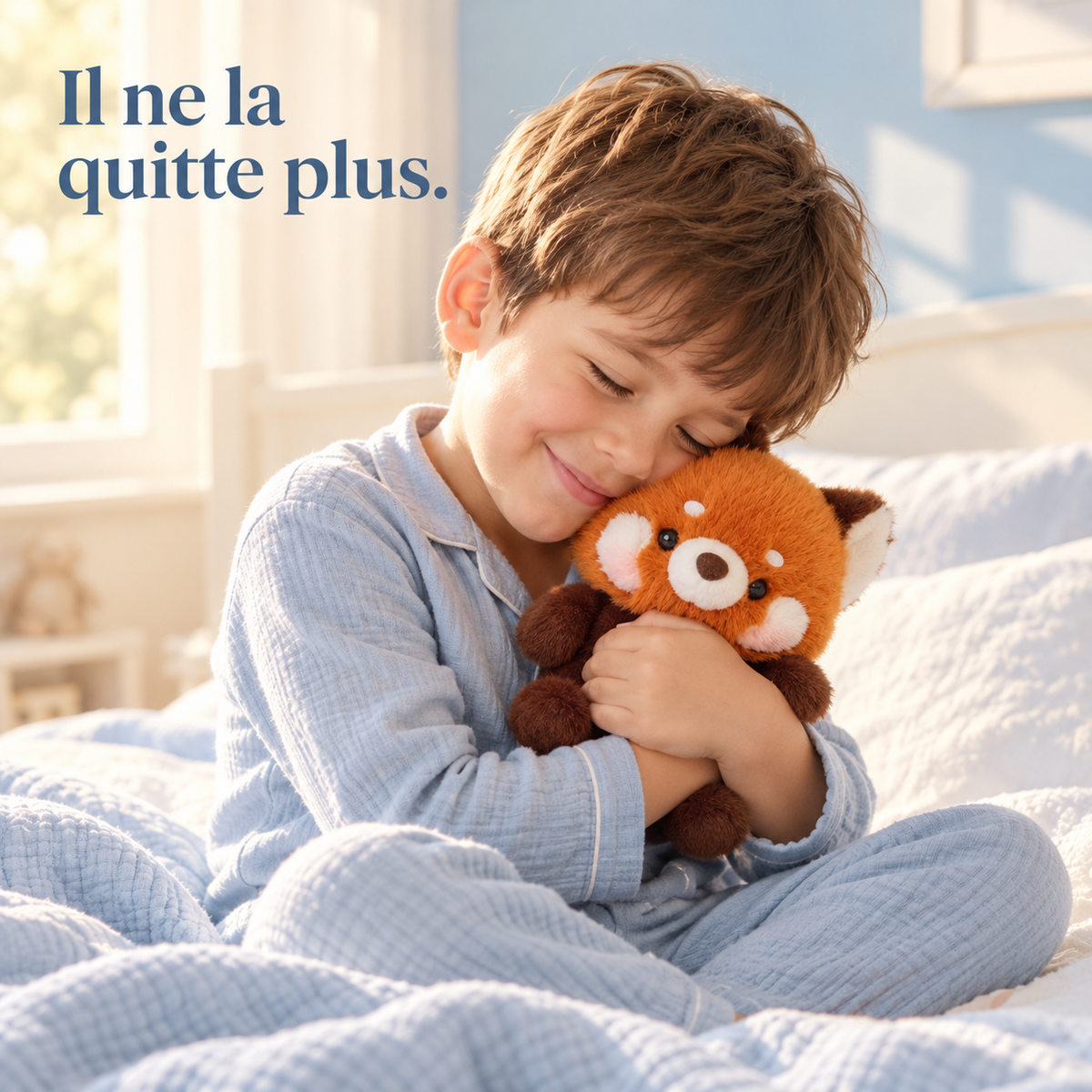 Un petit garçon serre contre lui la peluche panda roux kawaii 16 cm