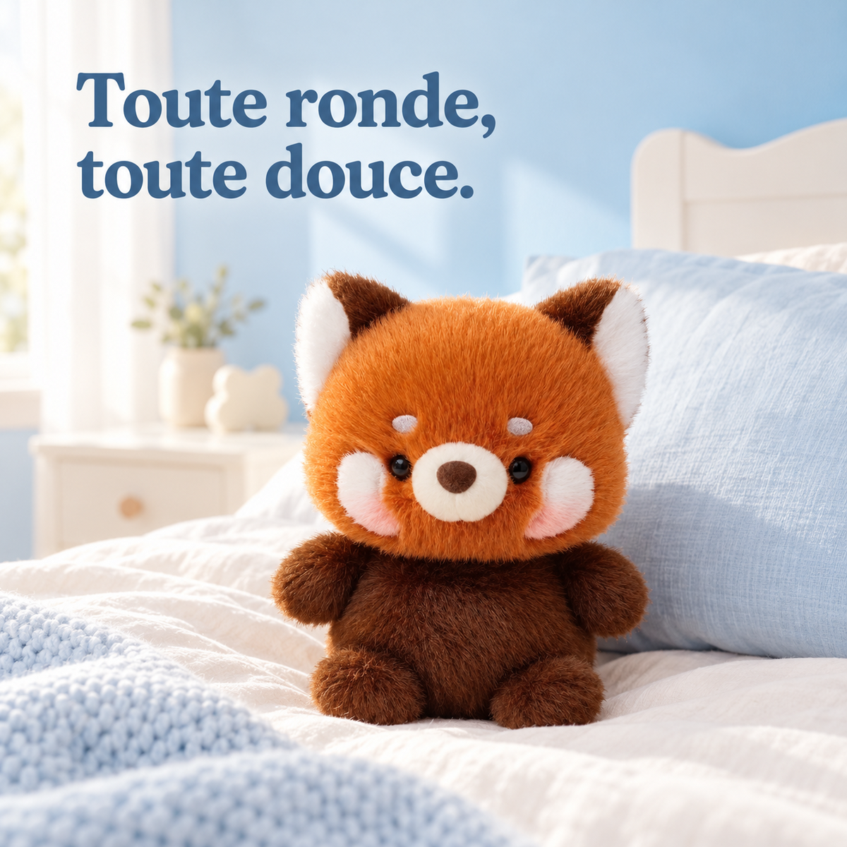 Peluche panda roux kawaii 16 cm sur un lit d'enfant