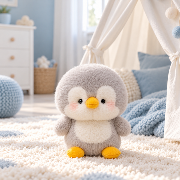 Peluche pingouin kawaii 16 cm dans une chambre d'enfant