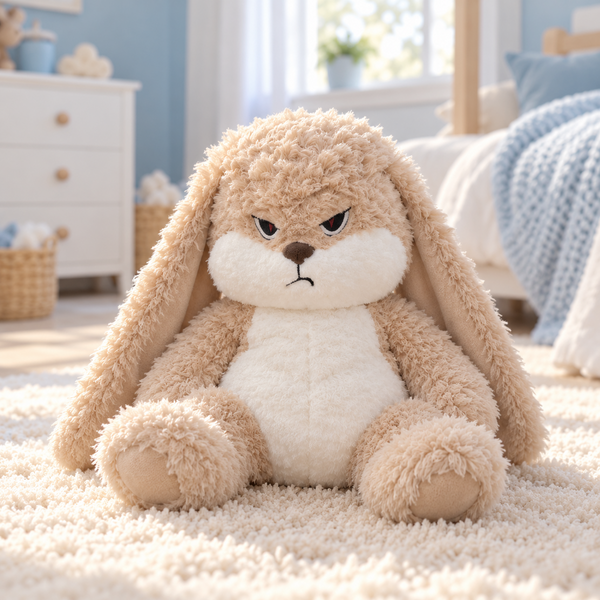 Peluche lapin grognon beige assise sur un tapis