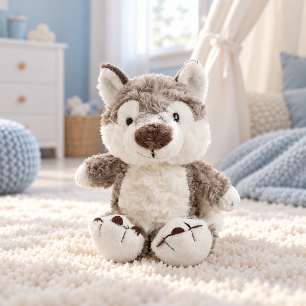 Peluche loup gris assise sur un tapis
