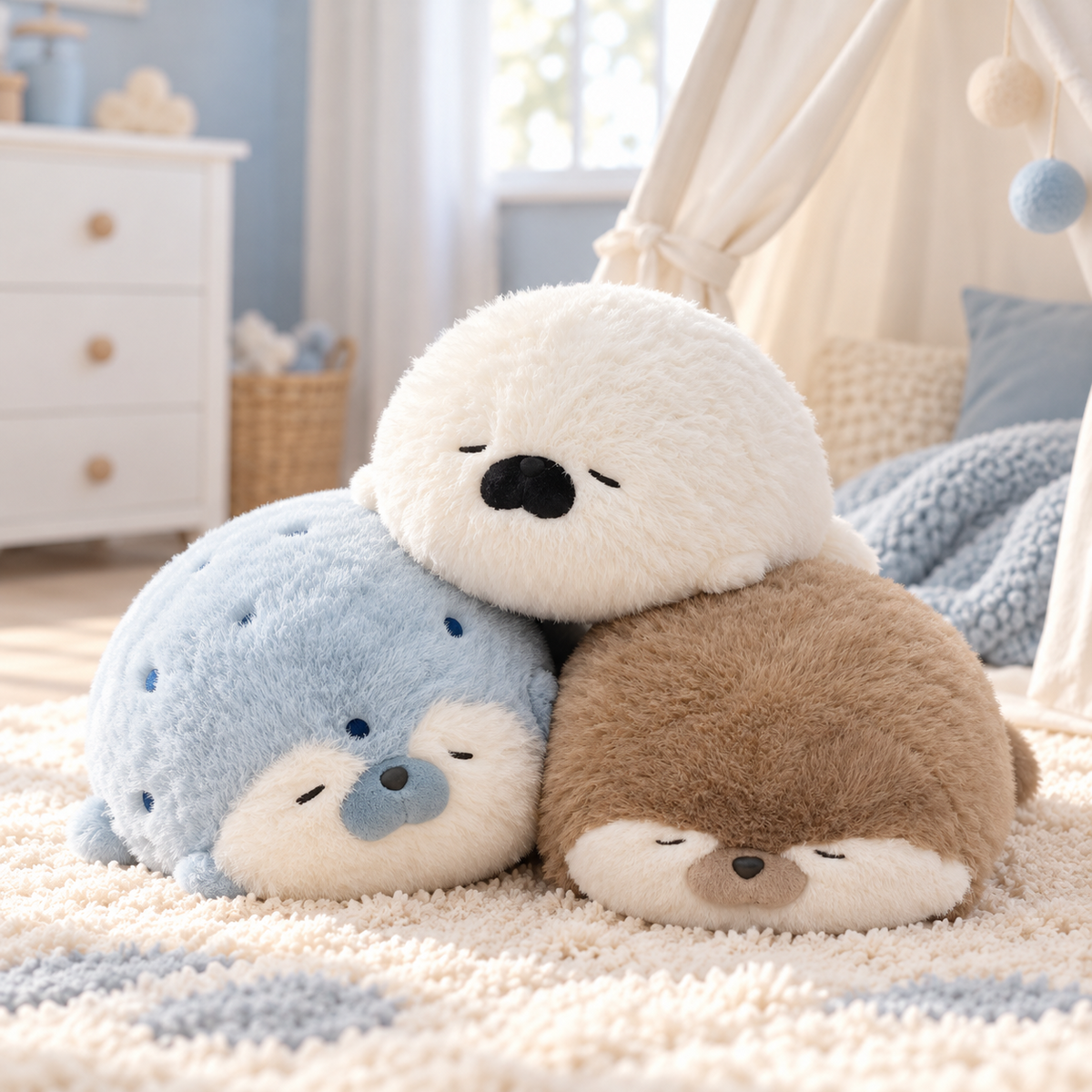 Trois peluches phoque endormies sur un tapis crème