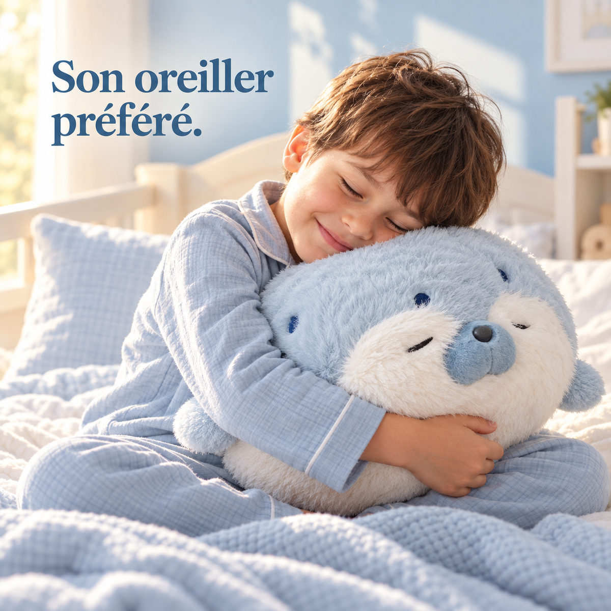 Un petit garçon pose sa joue sur la peluche phoque bleue