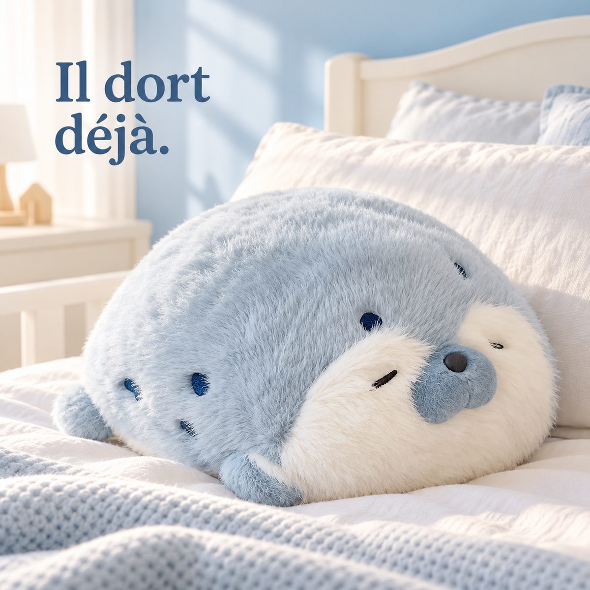 Peluche phoque bleue endormie sur un lit d'enfant