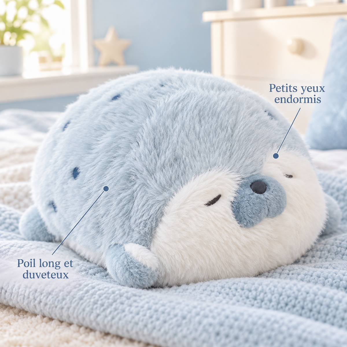 Gros plan sur les yeux endormis de la peluche phoque