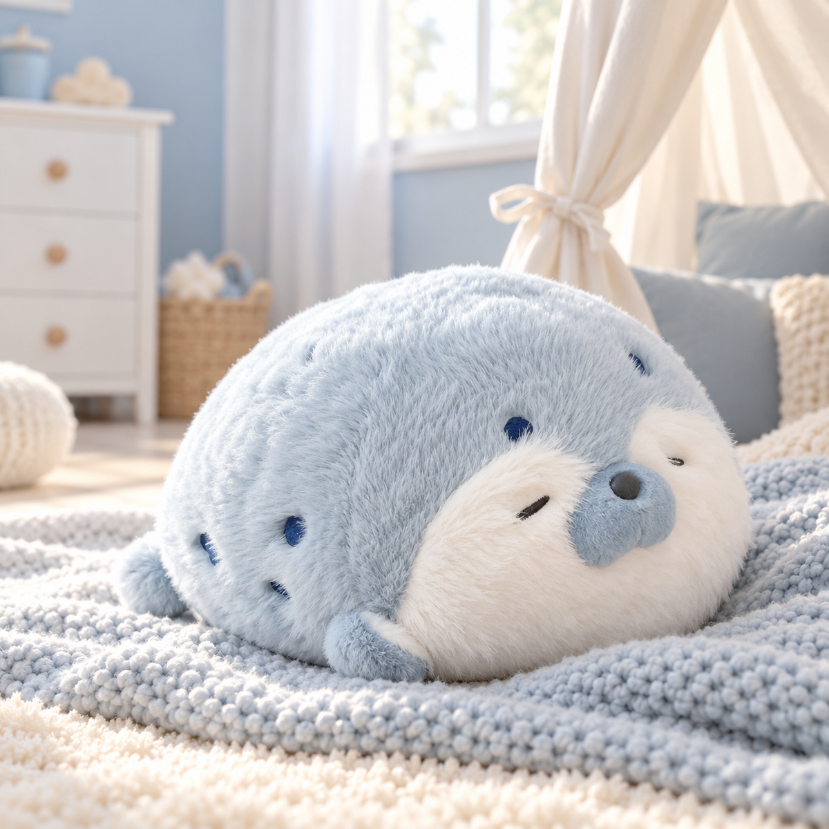 Peluche phoque bleue sur un plaid tricoté
