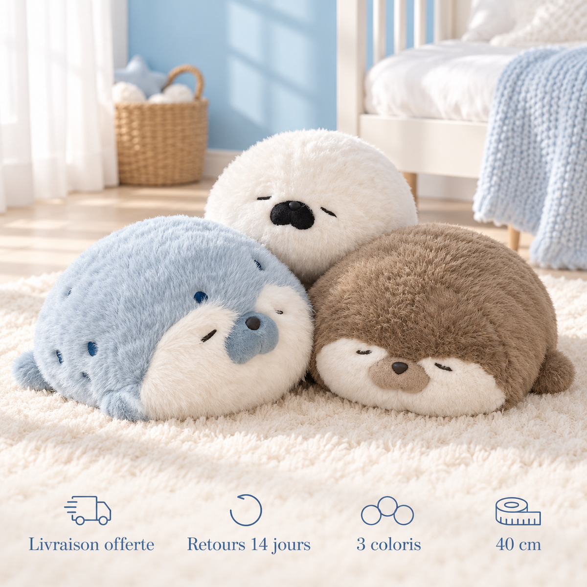 Peluches phoque : livraison offerte, retours 14 jours, 3 coloris, 40 cm