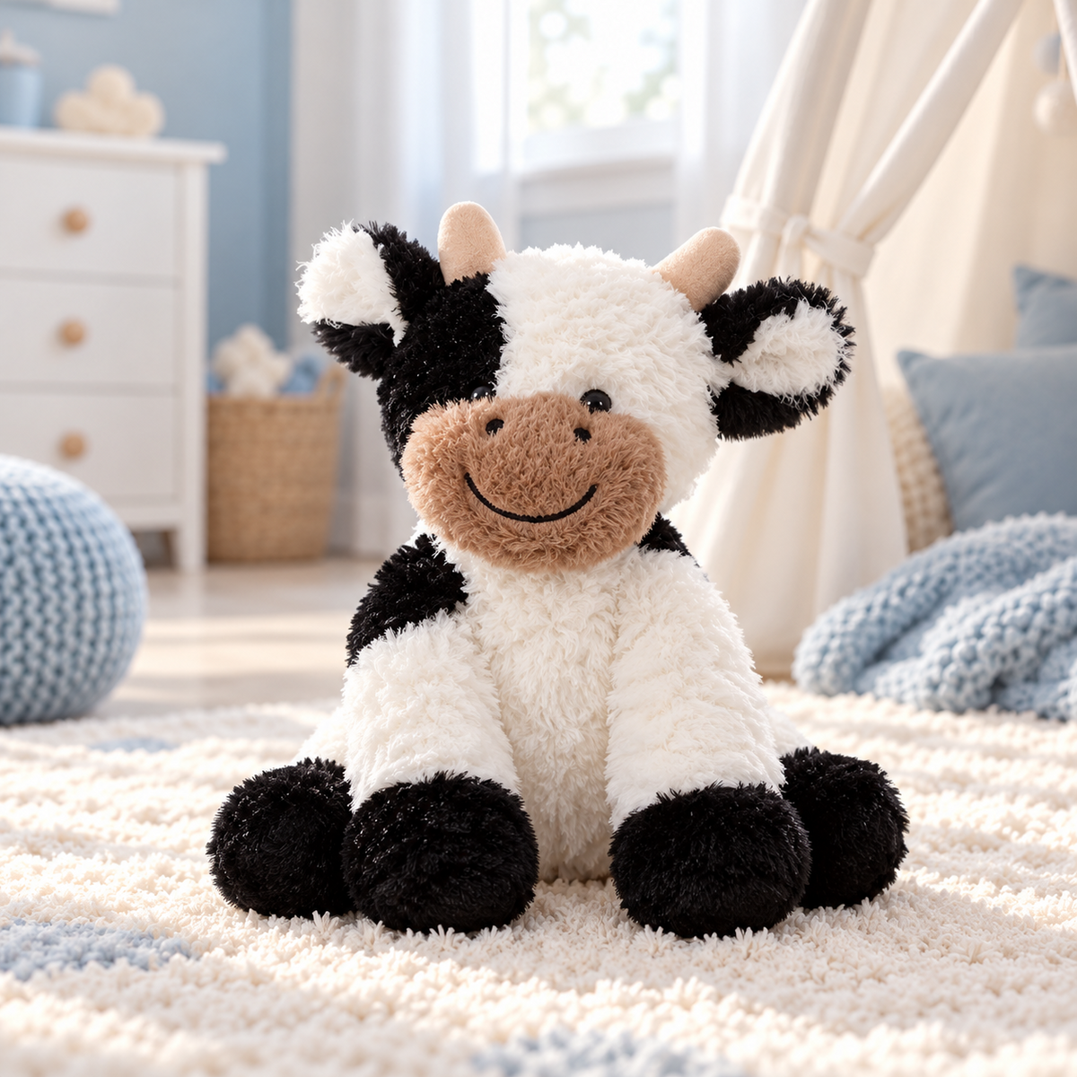 Peluche vache noire et blanche assise sur un tapis