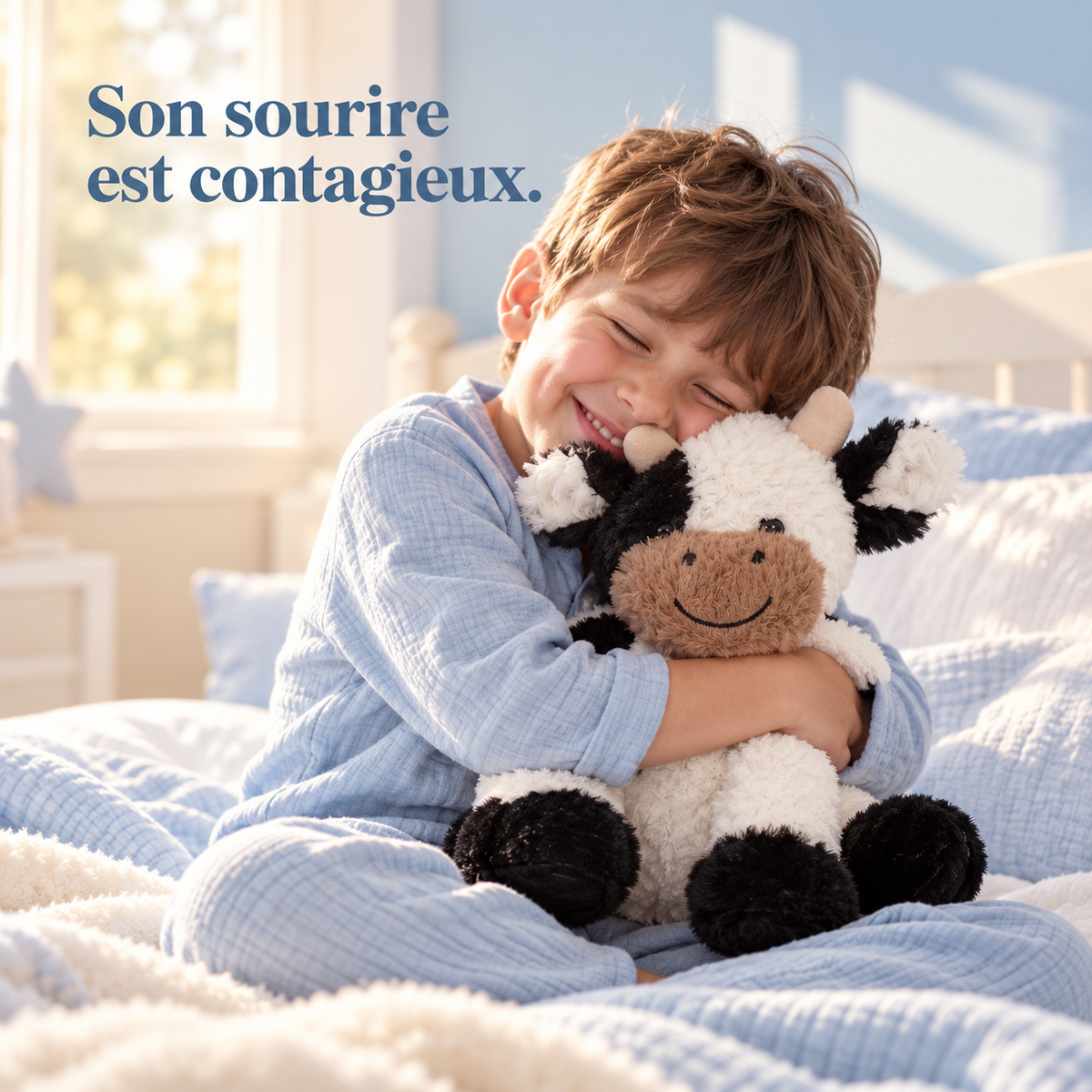Un petit garçon rit en serrant la peluche vache