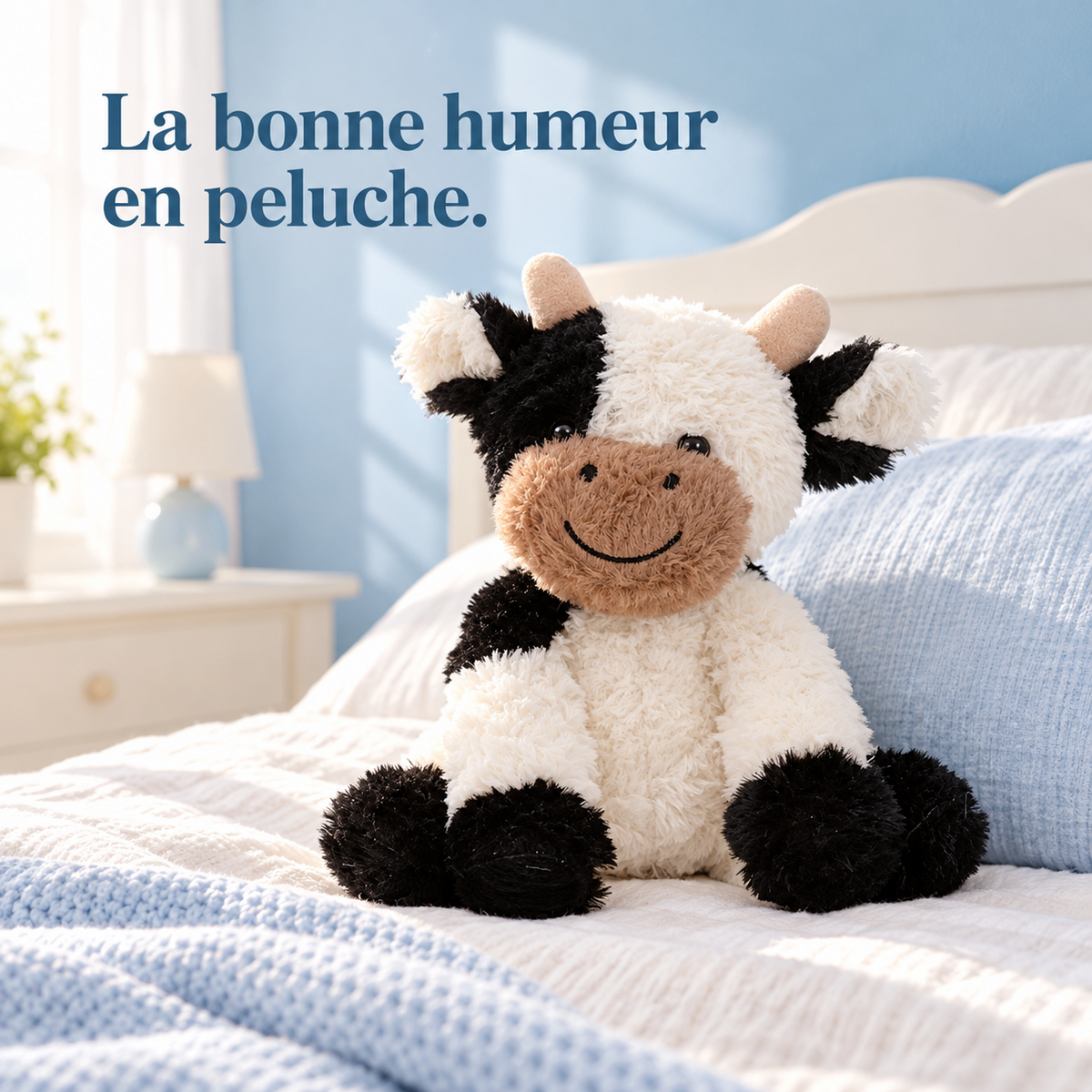 Peluche vache sur un lit d'enfant