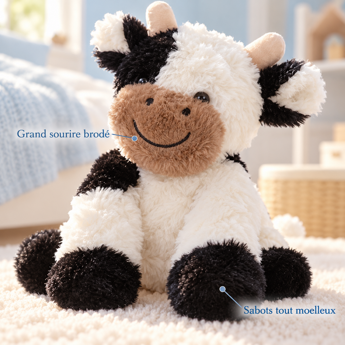 Gros plan sur le grand sourire brodé de la peluche vache