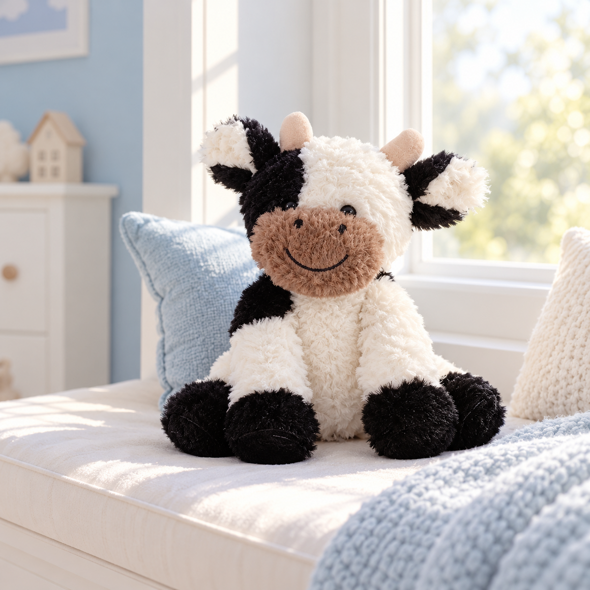 Peluche vache assise près d'une fenêtre