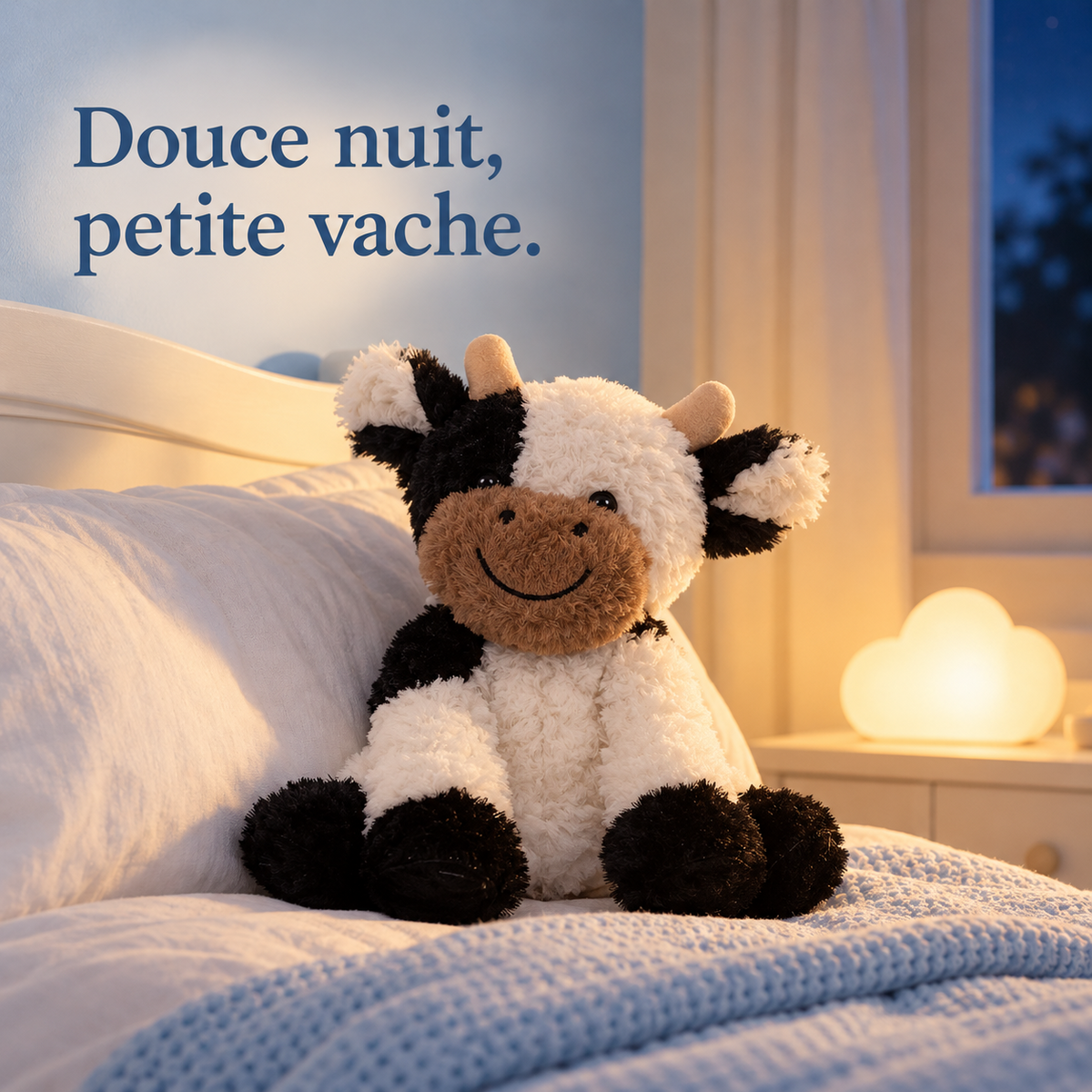 Peluche vache sur l'oreiller, le soir